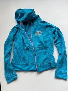 Juicy Couture Girls Blue Teal Terry Cloth Full Zip Hoodie Jacket Y2K M 10/12